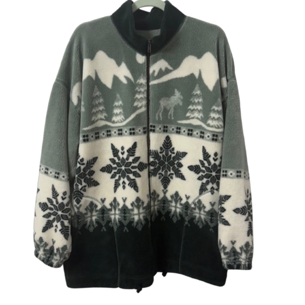 Ezze Wear Nordic Fleece Zip Jacket Green Snowflake Moose Canada Size M – Cozy